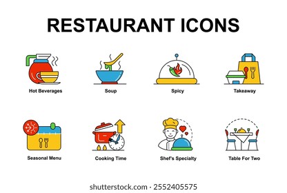 Vector restaurant icons collection. Illustrates hot beverages, soup, spice, takeaway, cooking time, seasonal menu, chef creations, and table for two.