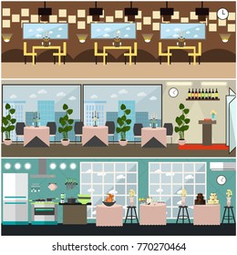 Vector restaurant interior set with kitchen, banquet hall with furniture and decorations. Flat style design illustration.