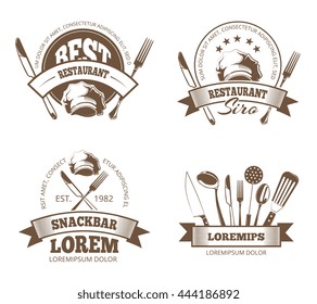 Vector restaurant labels, emblems, badges, logos for menu design. Emblem for restaurant or snackbar, logo and sticker for menu restaurant illustration