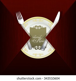 Vector restaurant menu cover design with curved corners, fork and knife on the background of plates with textured background.