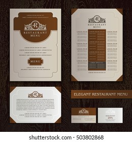 Diseño del menú del restaurante vectorial, plantilla de folleto con logotipo, símbolo, páginas elegantes ornamentales para comida y bebida