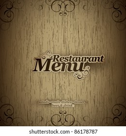 Vector. Restaurant menu design on a wooden texture