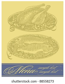 Vector restaurant menu design with roasted chicken and fish