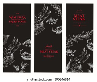 vector restaurant menu designer banner template. sketch drawing steak meat menu, beef, pork, rosemary, pepper