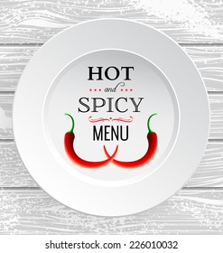 Vector restaurant menu with a dish and spicy peppers on wooden background