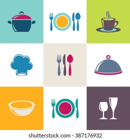 Vector restaurant menu icons collection in colorful squares