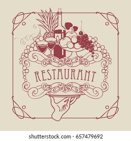 Vector restaurant menu with a picture of a hand with a tray on which is a still life with two glasses of wine, bottle and fruits in a Baroque style with a curly frame.