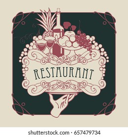 Vector restaurant menu with a picture of a hand with a tray on which is a still life with two glasses of wine, bottle and fruits in a Baroque style with a curly frame.