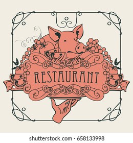 Vector restaurant menu with a picture of a hand with a tray on which is a still life with piglet, vegetables and cheese in a Baroque style with a curly frame.