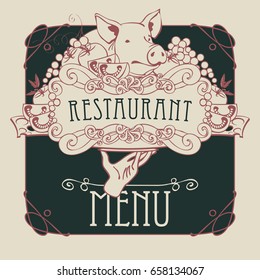 Vector restaurant menu with a picture of a hand with a tray on which is a still life with piglet, vegetables and cheese in a Baroque style with a curly frame.