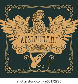 Vector restaurant menu with a picture of a hand with a tray on which is a chicken in an Art Nouveau style with a curly frame.