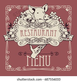 Vector restaurant menu with a picture of a hand with a tray on which is a still life with piglet, vegetables and cheese in a Baroque style with a curly frame.