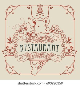 Vector restaurant menu with a picture of a hand with a tray on which is a still life with piglet, vegetables and cheese in a Baroque style with a curly frame