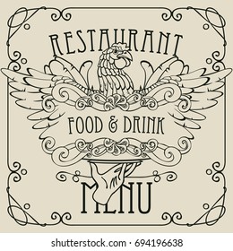 Vector restaurant menu with a picture of a hand with a tray on which is a chicken in an Art style with a curly frame