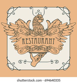 Vector restaurant menu with a picture of a hand with a tray on which is a chicken in an Art style with a curly frame
