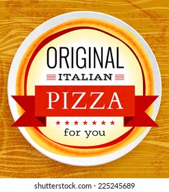 Vector restaurant menu with pizza on wooden background