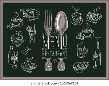 Vector restaurant menu with spoon, fork and sketches of different dishes on the black background. Contour drawings in retro style. Drawing chalk on the blackboard