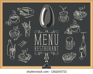 Vector restaurant menu with spoon, sketches of different dishes and handwritten inscriptions on the black background. Contour drawings in retro style. Drawing chalk on the blackboard