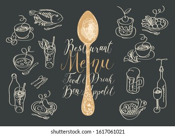 Vector restaurant menu with spoon, sketches of different dishes and handwritten inscriptions on the black background. Drawing chalk on the blackboard. Contour drawings in retro style.