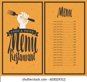 Vector restaurant menu template on background with fork in hand