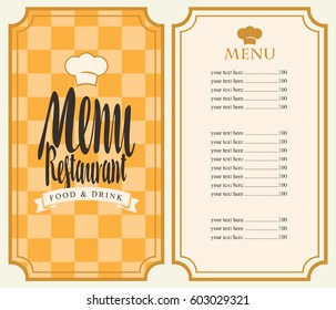 Vector restaurant menu template with price list and toque on a checkered background