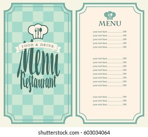 Vector restaurant menu template with price list, toque and cutlery on a green checkered background