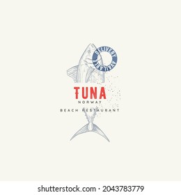 Vector Restaurant and Seafood isolated logo template. Seafood graphic sign with tuna fish in sketch style, badge for your design, printing and label. Hand drawn tuna fish illustration.