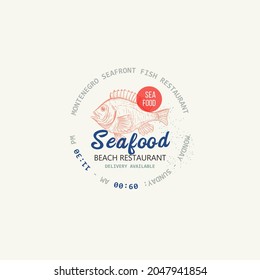 Vector Restaurant y Seafood patrón logotipo aislado. Cartel gráfico de mariscos con peces de perca en estilo boceto, insignia para su diseño, impresión y etiqueta. Ilustración de pez cabrilla dibujada a mano.