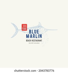 Vector Restaurant and Seafood logo with name and graphic sign Blue Marlin. Seafood logo template with atlantic blue marlin. Fish illustration in sketch style, badge for your design, printing, label.