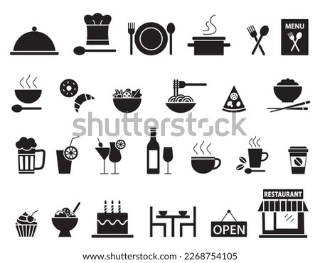 Vector restaurant silhouette icons set.
