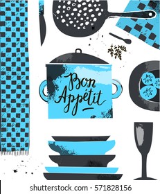 Vector restraurant, cafe menu design template, poster, card. Hand drawn modern illustration with kitchenware. Bon appetit