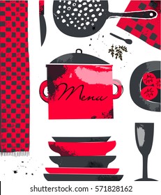Vector restraurant, cafe menu design template. Hand drawn modern illustration with kitchenware. 