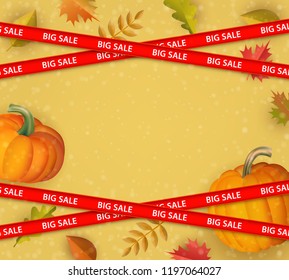 Vector restriction stripes with big sale inscription on background of orange leaves with pumpkins abstract pattern. Autumn harvest advertising design with floral elements for discount posters backdrop