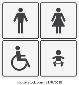 Vector restroom icons: lady, man, child and disability
