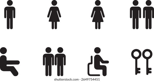 Ícones de banheiro vetorial: símbolos masculinos, femininos e unisexuais.