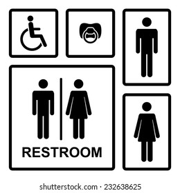 Vector restroom icons with men,women,lady,man,baby,dummy,nipple, child and disability on square