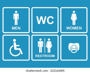 Vector Restroom Icons On Blue:men,women, Lady, Man, Baby's Dummy,nipple, Child And Disability