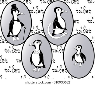 vector restroom icons: penguins as lady, man, child and disability