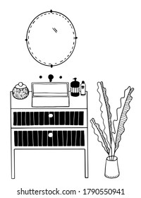vector restroom interior set of sink on the lokers with mirror and house plant in the pot