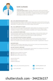 Vector resume cv minimalist template. Editable and ready to print layout, blue version.
