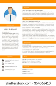 Vector resume cv minimalist template. Editable and ready to print layout, orange version.
