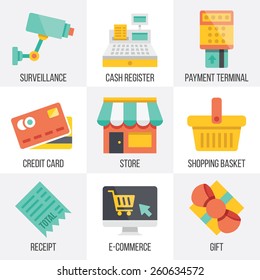 Vector retail and ecommerce icons set. Flat design. Isolated on white background. Set 6.