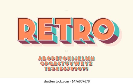 Vector Retro 3d Font 80s Style Modern Typography. Cool Vintage Typeface For  Party Poster, T Shirt, Decoration, Book, Card, Banner, Printing, Industrial, Promotion, Offer. Trendy Alphabet. 10 Eps