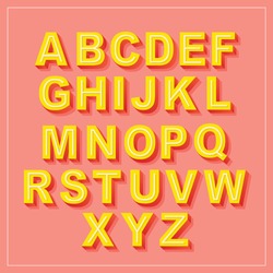 Vector Retro 3D Font With Shadow. Vintage Alphabet On Pink Background Set