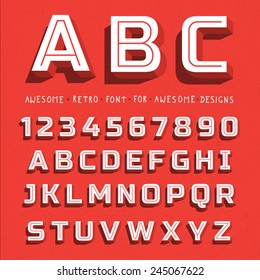 Vector Retro 3D Font with shadow. Vintage Alphabet on grunge background