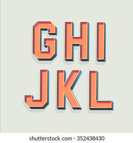 Vector Retro 3D Font with shadow. Vintage Alphabet from G to L