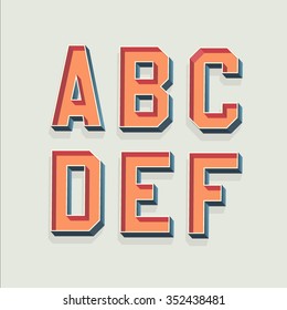 Vector Retro 3D Font with shadow. Vintage Alphabet from A to F