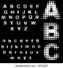 Vector - Retro 70s and 80s halftone dots in black and white alphabets.