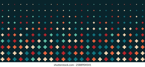 Vector retro 70s background. Vintage psychedelic wallpaper with colorful abstract shapes, halftone texture, and rainbow elements. Nostalgic groovy design for posters, banners, and wall art