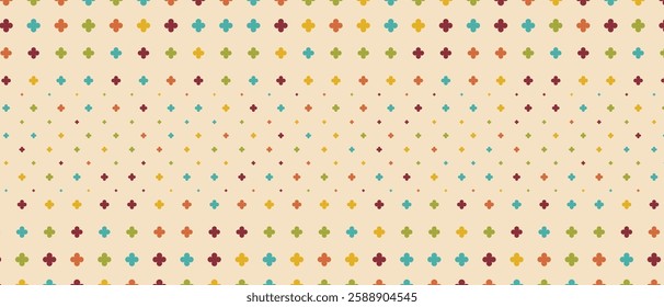 Vector retro 70s background. Vintage psychedelic wallpaper with colorful abstract shapes, halftone texture, and rainbow elements. Nostalgic groovy design for posters, banners, and wall art